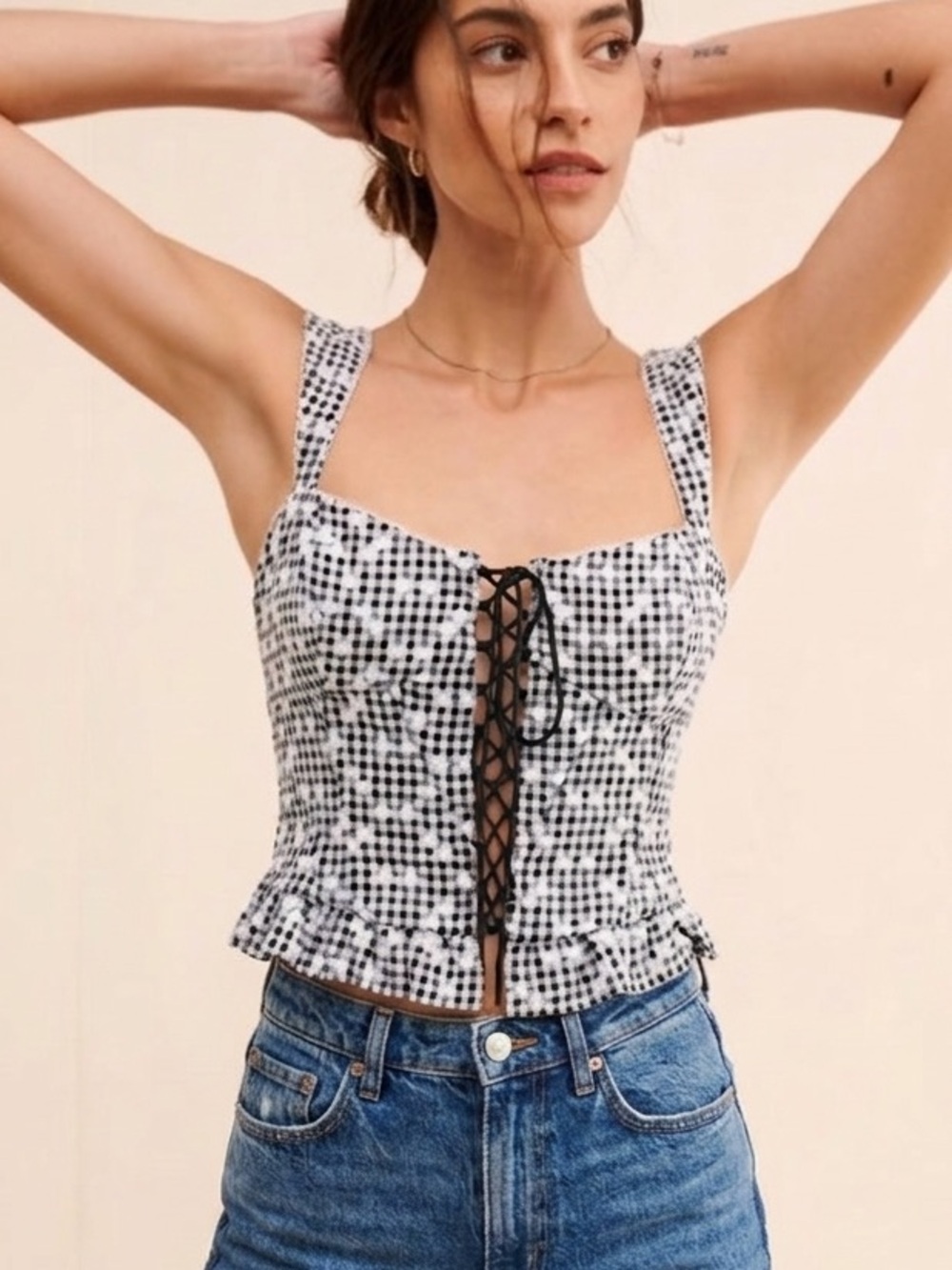 For Love & Lemons Mimi Black White Gingham Embroidered Tie Front Corset Top XS